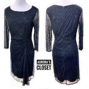Rickie Freeman 4 Blue Sequin Cocktail Dress Beaded Overlay Long Sleeve $695